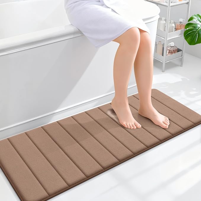 OLANLY Memory Foam Long Bathroom Rugs Runner 47x17, Super Soft Absorbent | Mocha, Quick Dry Bath Mat, Machine Washable Shower Floor Rugs, Bathmat Carpet for Bathroom Floor, Tub and Shower