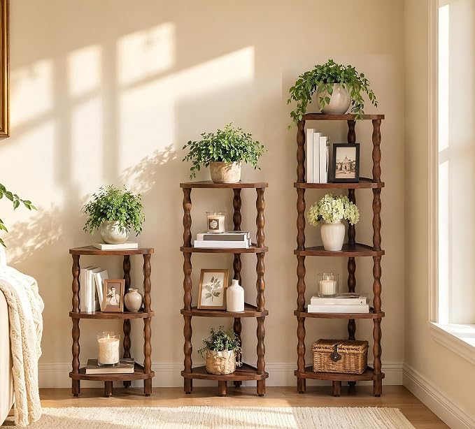 HOOBRO Corner Shelf, 5-Tier Wooden Corner Bookshelf for Small Space, Stylish Corner Storage Display Shelves for Living Room, Kitchen, Office Rustic Brown FG195CJ01