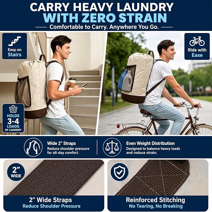 Canvans Laundry Bag Backpack, Large Travel Laundry Bag with Shoulder Straps, Drawstring Closure & Mesh Pocket, Clothes Hamper for Dorm, Travel, Laundromat (Khaki)