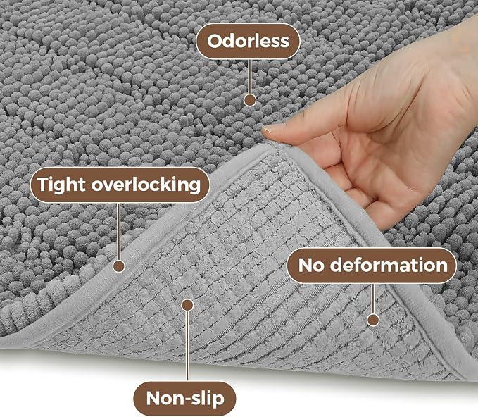 Bcoimo Bath Rug Mat,48x30 Chenille Non Slip Gray Long Bathroom Runner Rugs | Extra Soft Bathroom Floor Mats;Non Slip with Rubber Back Bath Mats;High Absorbent, Quick Dry Microfiber mat; Machine Washable