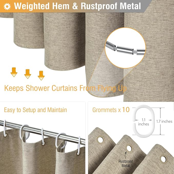 60x72 Linen Textured Waterproof Cloth Shower Curtain Set, Khaki/Tan | Heavy Duty Polyester Fabric, 10 Plastic Hooks, Elegant Drape, Modern Hotel Style, Bathroom Decor, Machine Washable, Quick-dry
