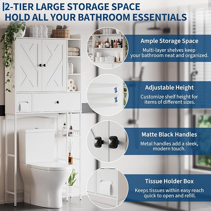 Garvee Over-The-Toilet Storage Rack, Modern Bathroom Organizer | MDF Shelves & Steel Frame, Space-Saving Toilet Shelf for Small Bathrooms, Bathroom Cabinet for Towels & Toiletries, White