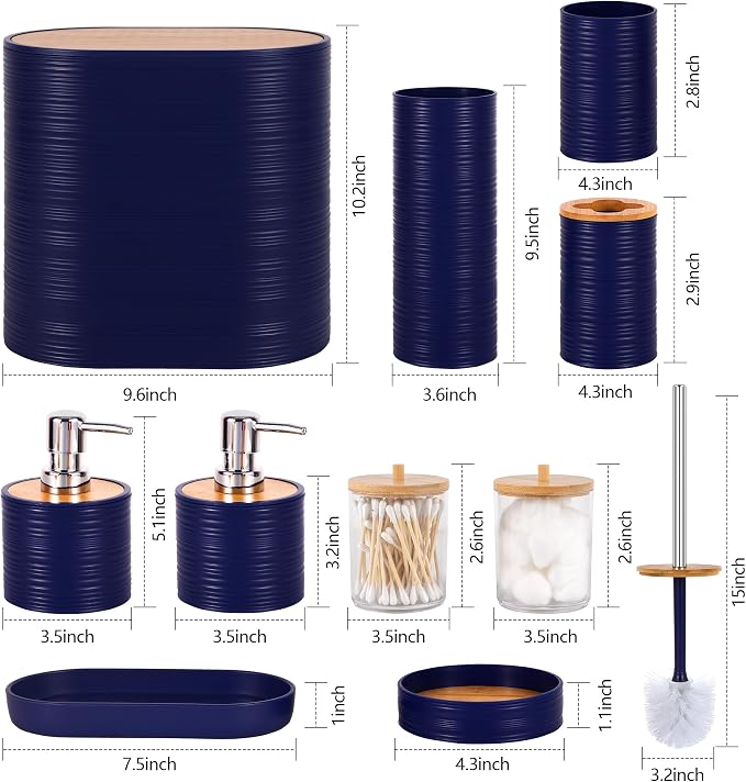 10 PCS Navyblue Bathroom Accessories Set with Trash Can Bathroom Accessory | All-in-One Kit with Trash Can,Toothbrush Holder,Soap Dispenser,Toothbrush Cup,Vanity Tray,Soap Dish,Toilet Brush etc for Home
