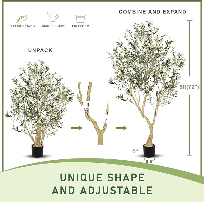 Olive Tree 6ft with Large Olive Branches and Lifelike Fruits | Olive Trees Artificial Indoor - Faux Olive Tree for Modern Home Office House Living Room Decor
