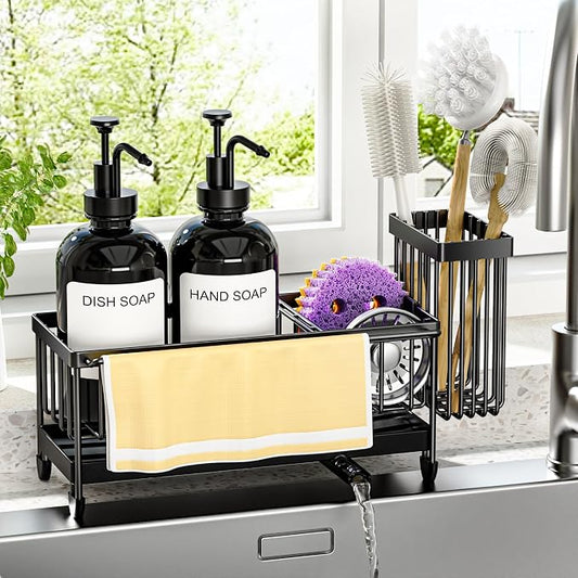 Kitchen Soap Dispenser Set with Sponge Holder and Towel Rack, 17OZ Glass Bottle, Hand and Dish Soap Dispenser Set, Non-Slip Silicone Pad, Brush Holder, Kitchen Sink Caddy Organizer Countertop (Black)