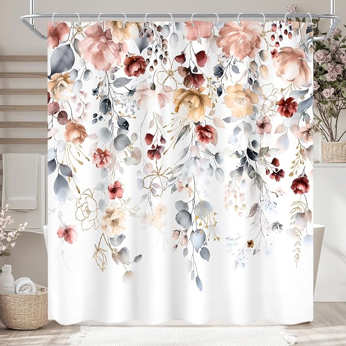 Floral Coral Pink Colorful Blue Eucalyptus Bathroom Shower Curtain Set | 72"W x 72"L Flower Leaves design with waterproof HD artwork, quick-dry fabric and hooks for easy hanging.