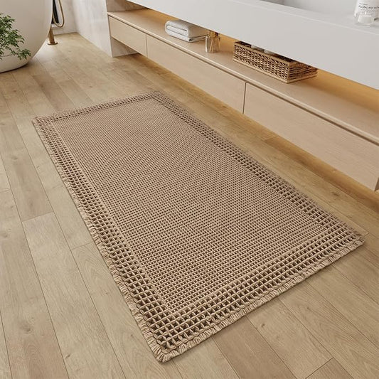 RESARE Waffle Bathroom Runner Rugs, Non Slip Boho Bath Mat 24"x48" Brown | Long Absorbent Bathroom Floor Mats Machine Washable Quick Dry, Soft Solid 2'x4' Bath Rugs with Tassels, Ideal Farmhouse Decor