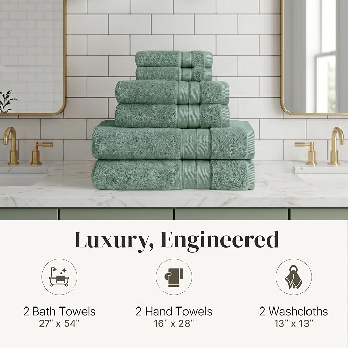 Modern Threads - Spun Loft 6-Piece 100% Combed Cotton Towel Set - Bath Towels, Hand Towels, & Washcloths - Super Absorbent & Quick Dry - 600 GSM - Soft & Plush, Eucalyptus