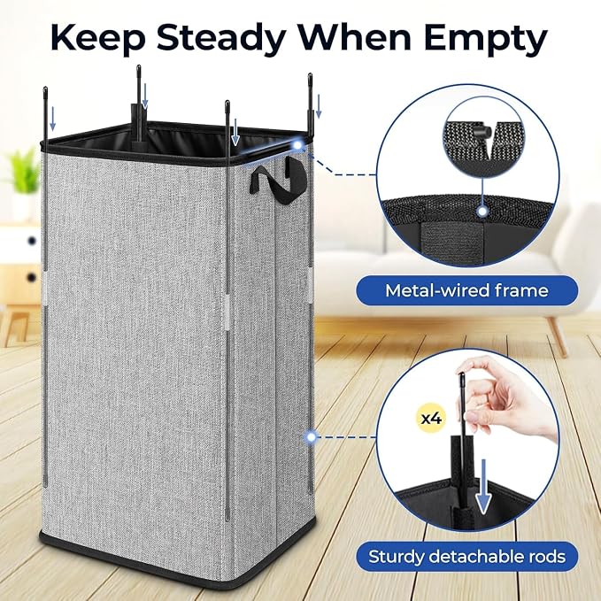 Large Laundry Basket, 80 L Collapsible Tall Hamper with Handle Grey | Dirty Clothes Hamper for Bedroom, Rectangular Sturdy Laundry Basket for College, Dorm, Towels, Toys