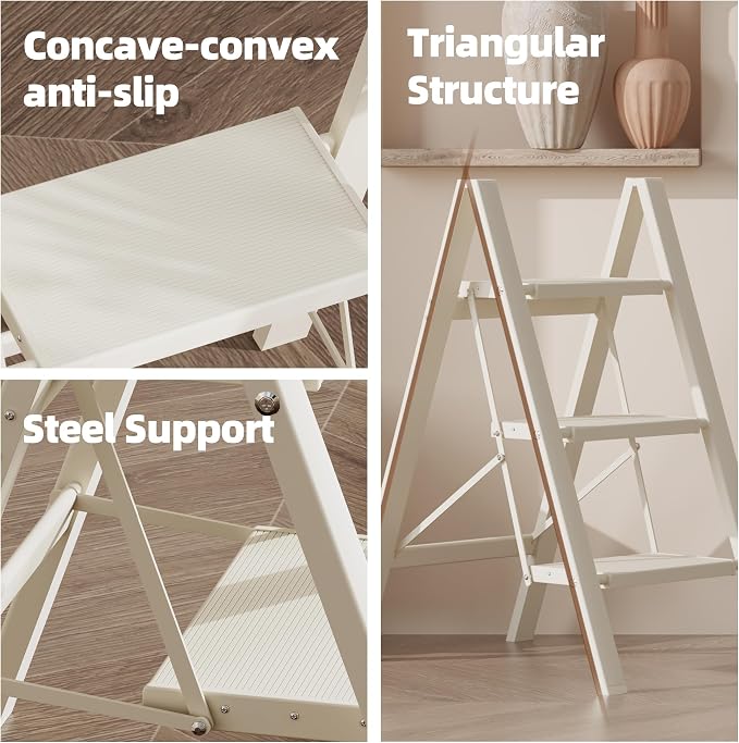 HillhutApex Aluminum Step Stool Foldable,3 Step Ladder (White) | Lightweight Portable step ladder with Anti-Slip Wide Pedal,330lbs Capacity Ladder for Household,Office,Kitchen