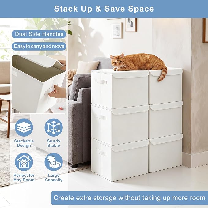 Large 17" 42 Quarts Collapsible Stackable Storage Bins with Lids [3-Pack] Foldable Fabric Linen Storage Boxes Cube, Closet Organizer Baskets with Label (16.7 x 12 x 12, White)
