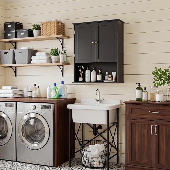 Bathroom Wall Cabinet, Black 30" x 24" Wall Mounted Medicine Cabinet, Over Toilet Storage Hanging Cabinet Adjustable Shelves Cupboard with Large Space for Laundry Room, Bedroom, Kitchen, Entryway