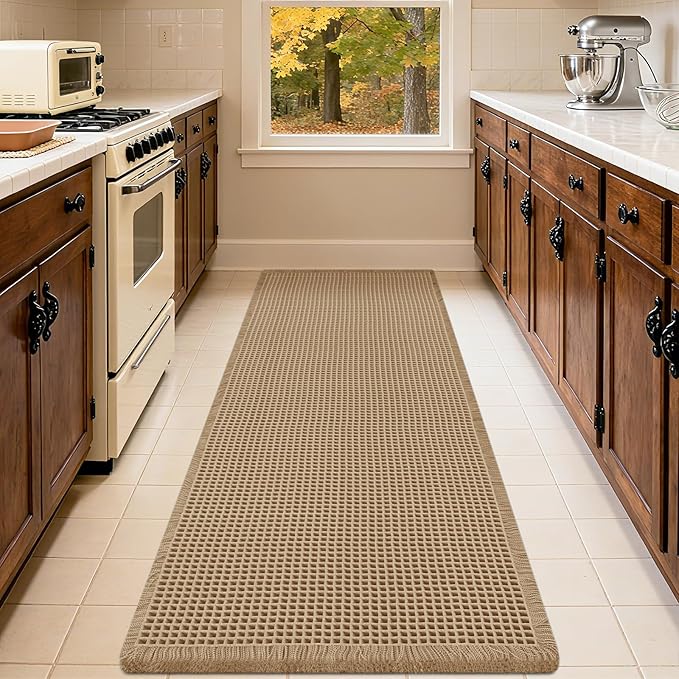 Waffle Runner Rug Burnt Orange 6'x2'(72" x 24"), Boho Woven Modern Bath Mat, Absorbent Non Slip Bathroom Rugs, Soft Washable Rugs with Tassels for Bedroom, Kitchen, Shower, Tub