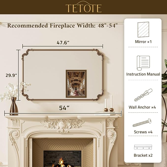 Baroque Antique Bronze Scroll Wall Mirror 48 x 30 Vintage Rectangle Framed Baroque French Rectangular Mirror for Mantle Fireplace Bathroom Living Room, Horizontal/Vertical