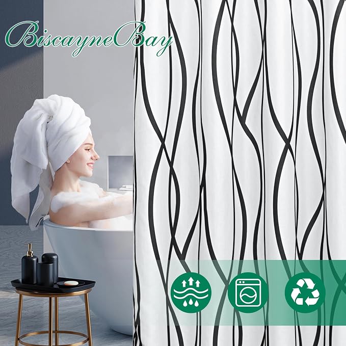 Biscaynebay Extra Long Textured Fabric Shower Curtain 72 W x 84 L, Black Printed Striped Linen Modern Hotel Luxury Quality Cloth Bathroom Curtains Machine Washable (Pack of 2)