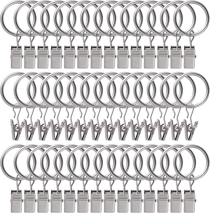 Lansian 44 Pack Curtain Rings with Clips Hooks 1 in Diameter Rustproof | Metal Stainless Steel Drapery Rings for Tension Rod Bracket Eyelets Decorative Hanger, Fits 3/4 in Rods, Matte Silver