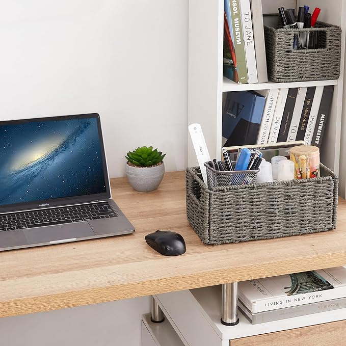 Wicker Storage Basket, Set of 2 Hand-Woven Paper Rope Wicker Basket, Small Storage Baskets for Organizing Toilet Paper, Foldable Large Cube Storage Organizer Bins for Shelves (Grey)