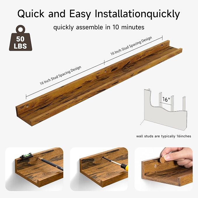 Fun Memories Picture Ledge Shelf, 36 Inch Floating Shelves Set of 2, Nursery Book Shelves for Storage, Bookshelf Wall Mounted for Wall Decor Books Photo Frames, Rustic Brown