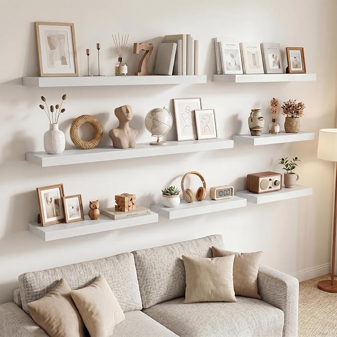9.25in Depth 55in Floating Shelves, 55"W x 9.25"D x 1.5"H, White, 2Pcs | Long Wall Mounted Engineered Wood Shelves for Wall with Invisible Brackets for Living Room, Bedroom, Bathroom, Kitchen