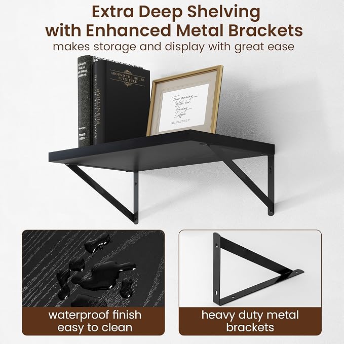 Deep Floating Shelves - 20 Inch Black Floating Shelves Set of 2-12 Inch Deep Wood Wall Shelves for Living Room Bathroom Kitchen