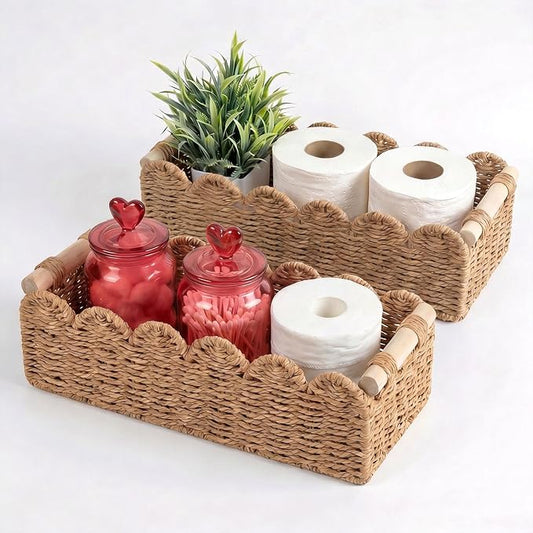 Toilet Paper Storage Basket, 2-Pack, Slim Design | paper rope, wood handles, scalloped rim, reinforced metal frame, for bathroom or living room