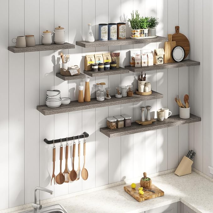 48 Inch Floating Shelves for Wall 2 Pack, 8"D Wood Grain Bathroom Shelves | Invisible Brackets, Grey Oak Finish, Easy Install | Engineered Wood Storage Shelves for Kitchen, Study, Bedroom