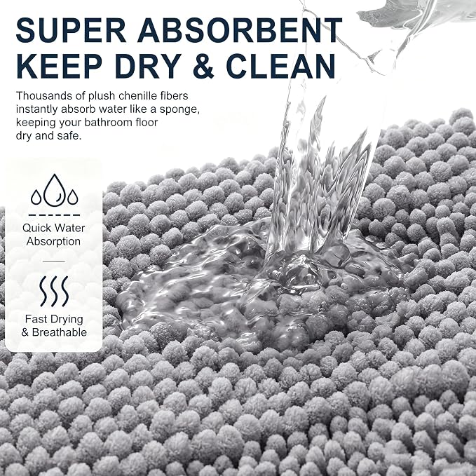 Smiry Thick Chenille Bathroom Rugs 36x24, Soft Absorbent Bath Mat, Grey | Quick‑Dry & Machine Washable, Non‑Slip Bath Carpet, Striped Bath Rugs for Tub & Shower, Modern Home Decor Accessories