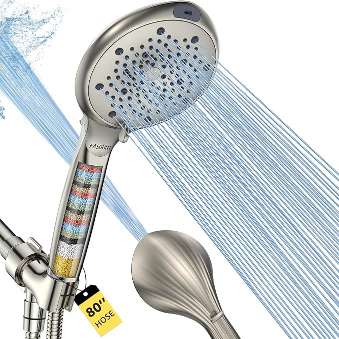 High Pressure Filtered Handheld Shower Head, Brushed Nickel | 80" Long Stainless Steel Hose, Built-in Power Wash, Anti-clog Nozzles, Filter Beads for Hard Water, Remove Chlorine