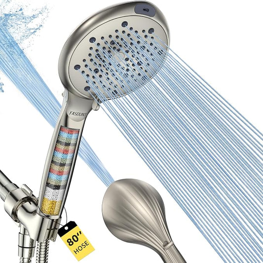 High Pressure Filtered Handheld Shower Head, Brushed Nickel | 80" Long Stainless Steel Hose, Built-in Power Wash, Anti-clog Nozzles, Filter Beads for Hard Water, Remove Chlorine
