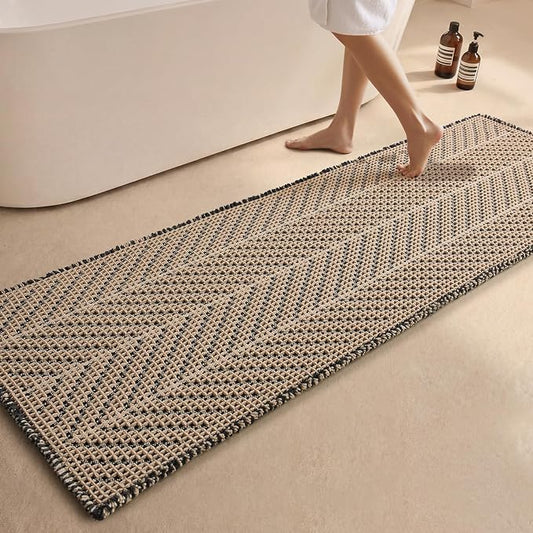 Sunfly Waffle Runner Bath Mat，Long Bathroom Rugs Non Slip Washable, Ultra Soft Super Absorbent Quick Dry Boho Farmhouse Bathroom Decor, 24" x 72", Black &Khaki