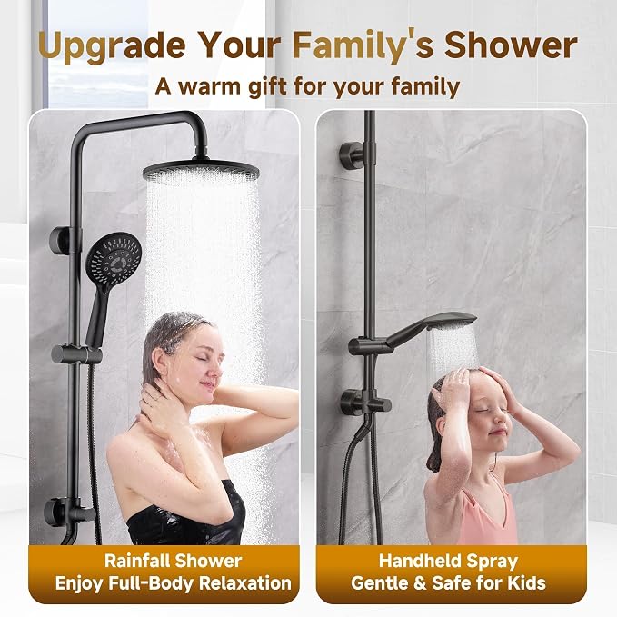 BRIGHT SHOWERS Shower System, 9 Inch Rain Shower Head with 5-Function Hand Shower, Dual Shower Combo with Height Adjustable Holder, Solid Brass Rail, 60 Inch Stainless Steel Hose, Oil-Rubbed Bronze