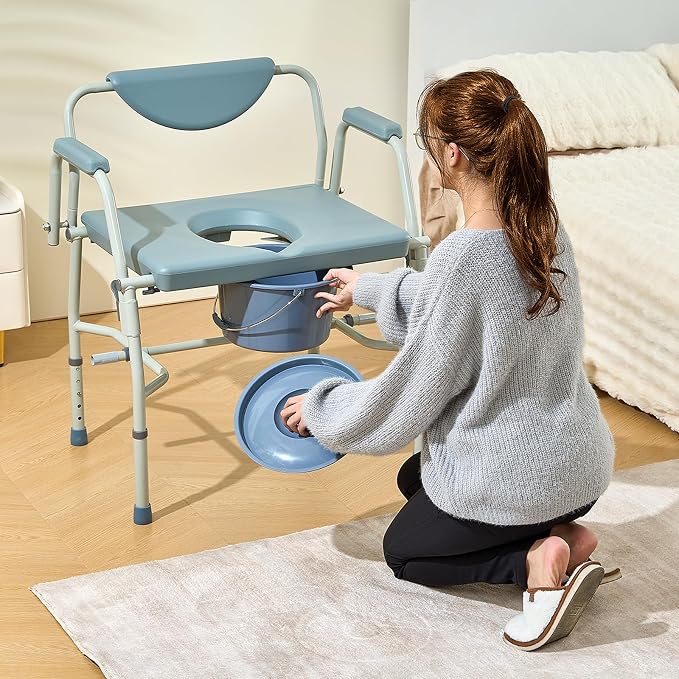 VEVOR Raised Toilet Seat, Adjustable Height with 5 Levels, Drop-Arm Design, Detachable Backrest, 7L Easy-Clean Bucket, Quick Assembly, Support up to 1000lbs, Ideal Bedside Commode for Elderly & Adults