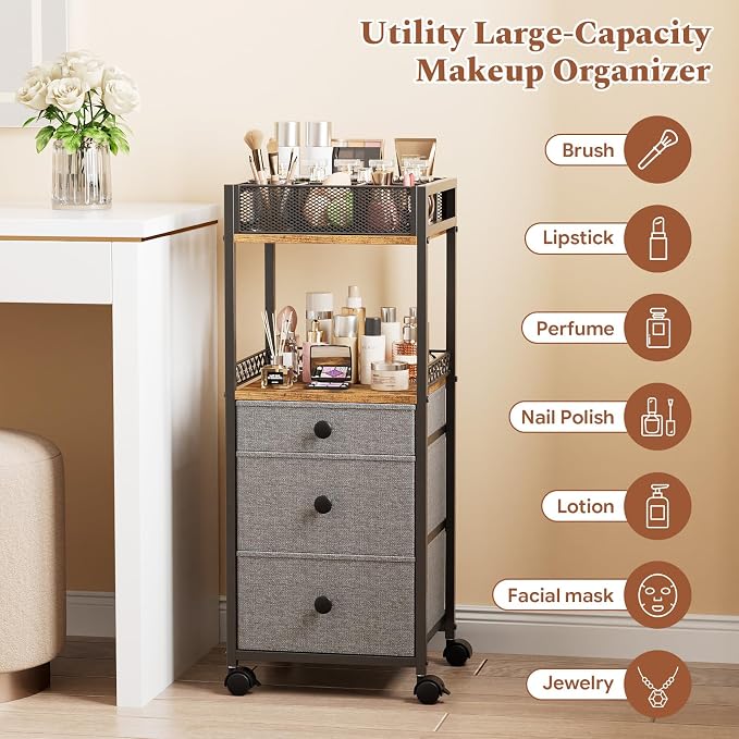 Plaviya Makeup Organizer Cart with 3 Drawers Storage for Bedroom & Bathroom | Utility Rolling Cart, Vanity Desk Organizer, Perfume, Cologne, Skin Care, Nail Polish, Black
