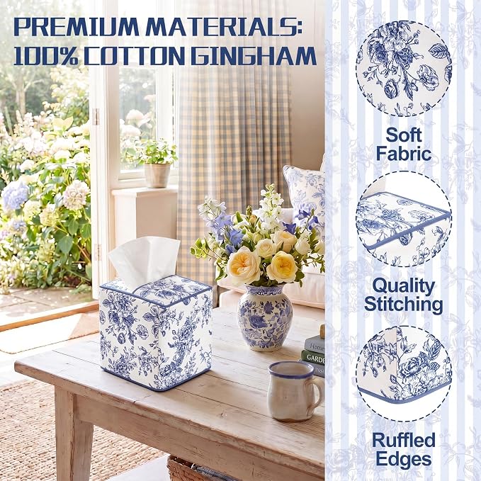Blue Fabric Tissue Box Cover Floral Print Cotton Tissue Box Decorative Square Napkin Holder Vintage Cottagecore Home Decor for Bathroom Bedroom Vanity Countertop Home Office Kitchen