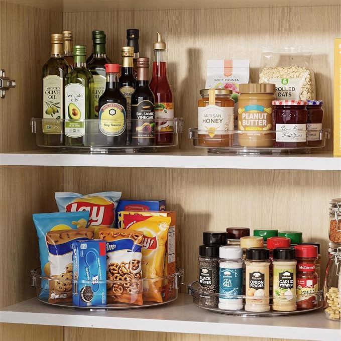 LAMU 4 Pack Lazy Susan Organizer, Clear Lazy Susan Turntable for Cabinet, Refrigerator, Table Top, Kitchen, Bathroom, Pantry Organizers and Storage, 2 Sizes Included 12in, 10.6in