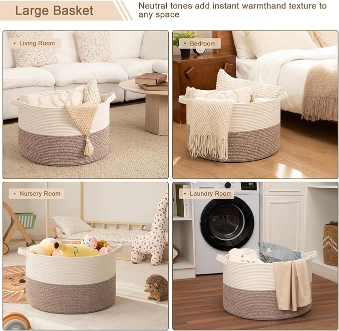 OIAHOMY Large Blanket Basket for Living Room, 19.7" x 12.6" Woven Cotton Rope Laundry Basket for Organizing Pillows, Decorative Stuffed Animal Toy Storage for Nursery, White and Linen Brown
