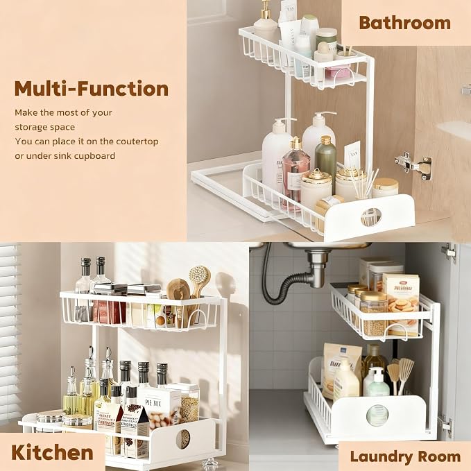 Under Sink Organizer, 1 Pack Under Kitchen Cabinet Organizer, Height Adjustable Pull Out Mute Slide-Out 2 Tier Metal Under Sink Storage for Bathroom, Pantry, Kitchen & Bedroom (White, 1 Pack)