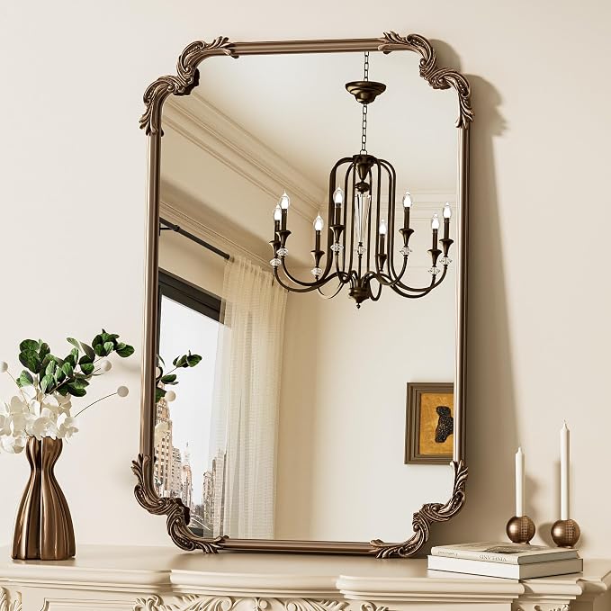 Antique Gold Brass Rectangle Mirror for Mantle Fireplace 24 x 36 Baroque Vintage Ornate Scroll Wall Mirror with Metal Frame for Traditional Victorian French Decor, Horizontal/Vertical