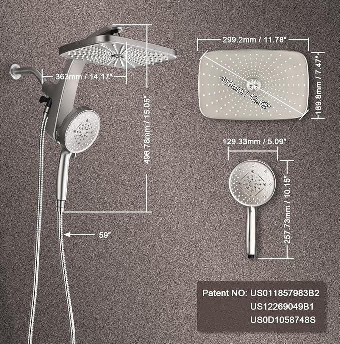 12" High Pressue Rain Shower Head with Handheld, 9 Sprays Hand Showerhead | Shower Heads with Handheld Spray Combo, Dual Head, Built-in Magnetic Docking, Power Jets, 59" Shower Hose, Nickel 1.8GPM