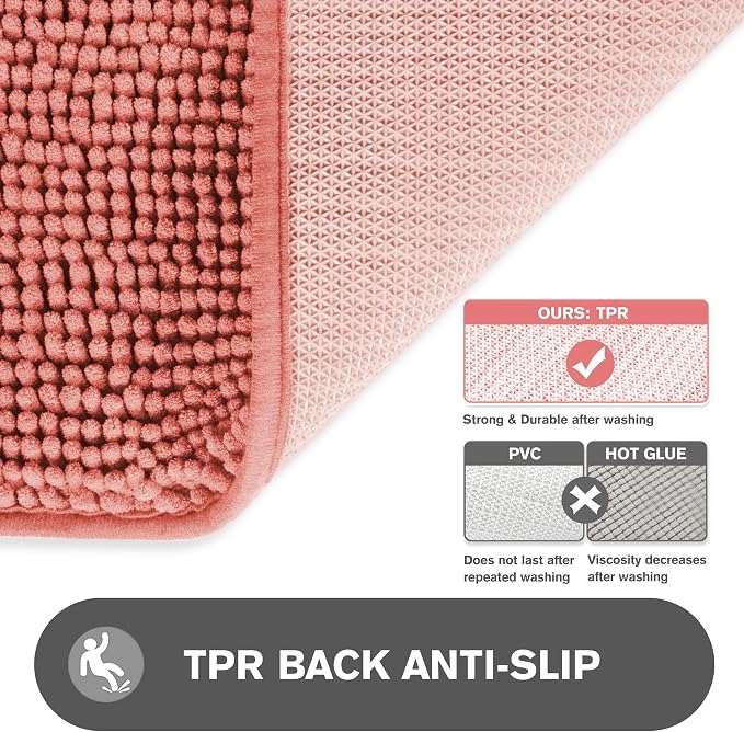 Coral Bathroom Rugs – Absorbent and Washable Bath Mat, Non-Slip, Thick Soft Chenille Bath Rugs for Bathroom Floor, Shower, Sink - 17" x 24"