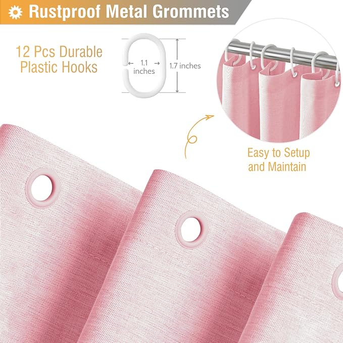 Pink Linen Textured Waterproof Thick Fabric Shower Curtain Set, 72x72 | 230GSM Polyester, Heavy Duty Cloth, Weighted Hem, 12 Plastic Hooks, Modern Hotel Style, Machine Washable, Bathroom Decor