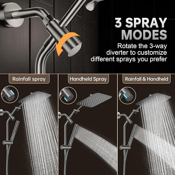 Veken All Metal 10" Luxurious Gray Rain Shower Heads with Handheld Spray | Dual High Pressure Shower Head,Square Detachable Rainfall Showerhead with Extension Arm,Regaderas Para Shower,Ducha Para Baño