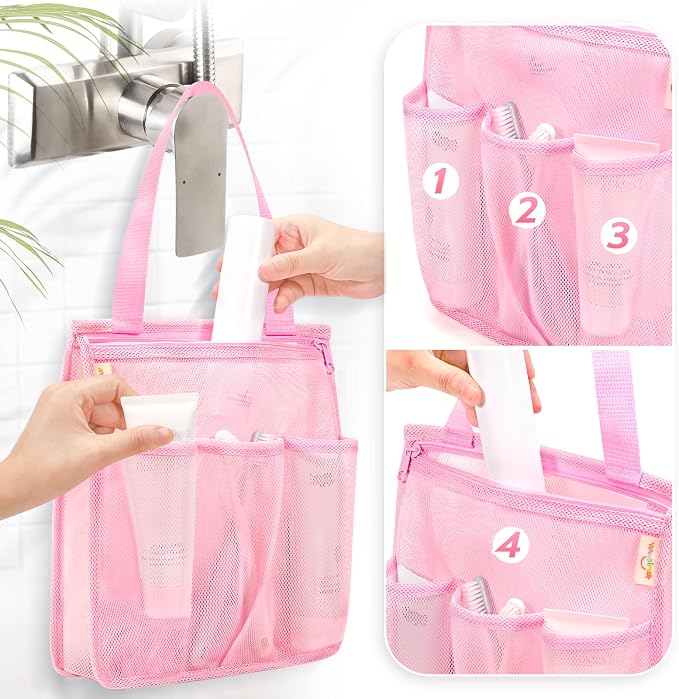 famichan Mesh Shower Caddy Portable, Gym Travel Camp Dorm Room Essentials for Women and College Girl, Pink Bathroom Shower Bag