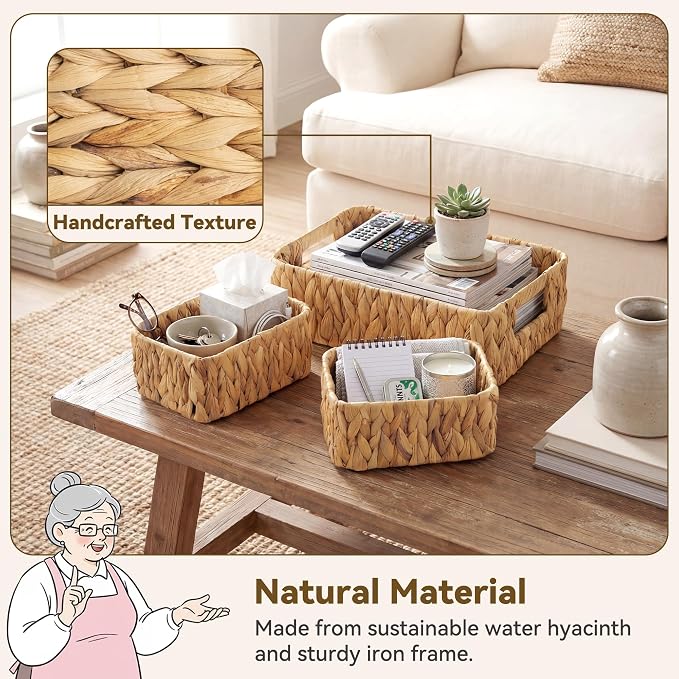 GRANNY SAYS Small Wicker Baskets for Shelves, Water Hyacinth Storage Basket | Small Woven Storage Baskets for Shelf, Rattan Basket for Organizing, Wicker Basket Set, 3-Pack Small Baskets