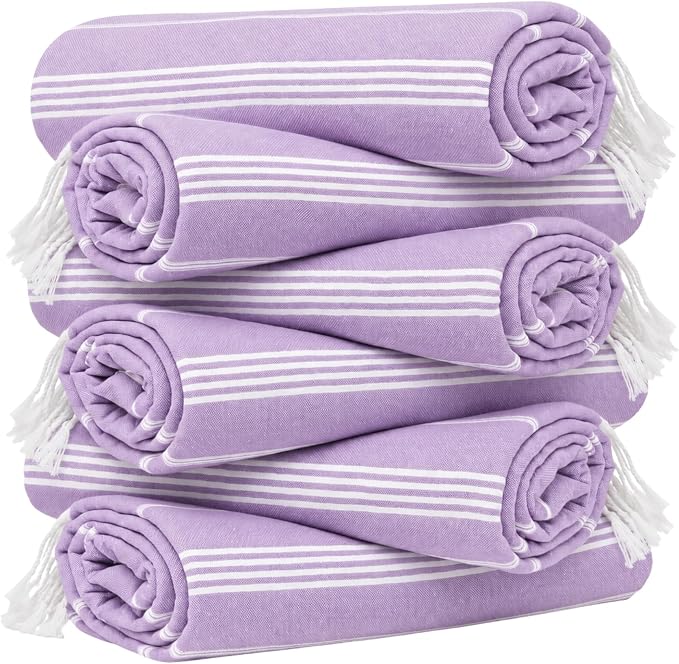 Turkish Beach Towel Set of 6 Oversized 72x40 100% Turkish Cotton | Soft Hammam Peshtemal, Sand Free, Quick-Dry, Absorbent Bath Towel, Lightweight & Compact for Travel, Pool, Gym, Spa - Lilac