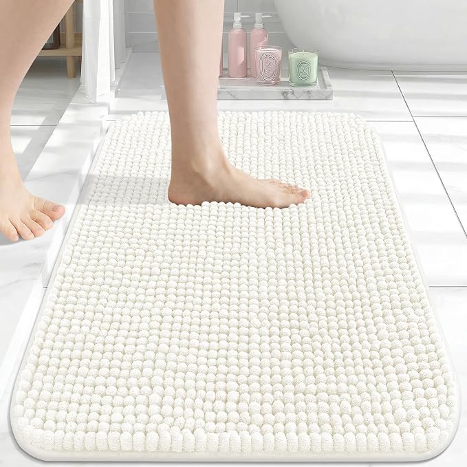 Arotive Chenille Bathroom Rugs 24x16, Soft Absorbent Bath Mat, Ivory | Rubber Backing, Machine Washable Dry Bath Mats for Bathroom Floor, Tub and Shower, Home Decor Accessories