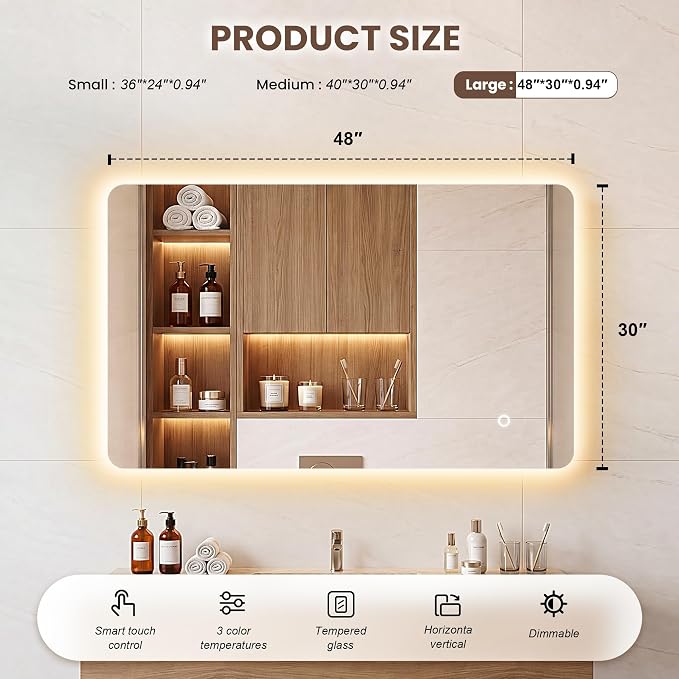 30"x48" Frameless LED Backlit Bathroom Mirror Dimmable | 3 Colors Temperature, HD Tempered Glass, High Lumen, Touch Control, Horizontal/Vertical for Bathroom, Closet, Vanity