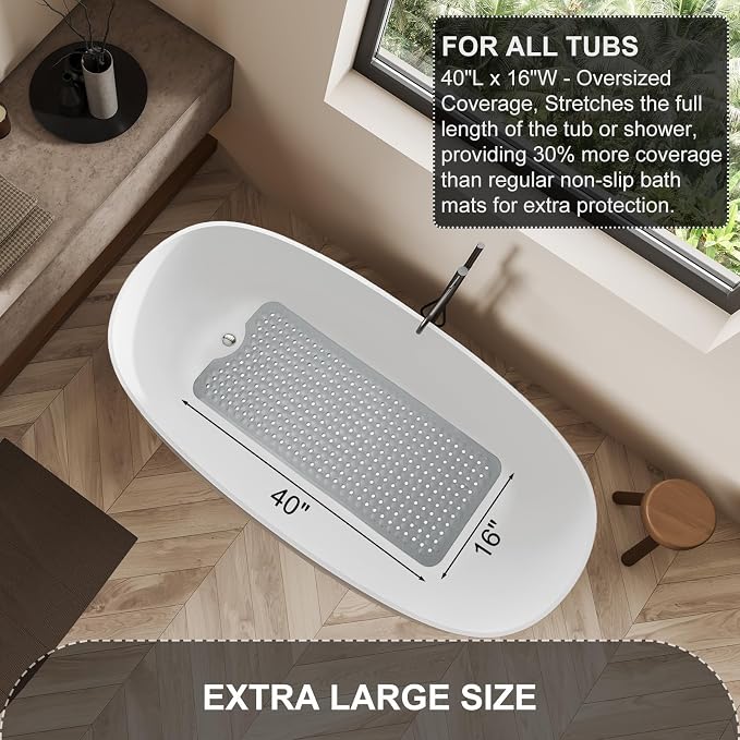 TEESHLY Bath Tub and Shower Mats, Non Slip 40 x 16 Inch Extra Large Bathtub Mat, Machine Washable Bathmat with Drain Holes, Suction Cups for Bathroom Floor, Gray