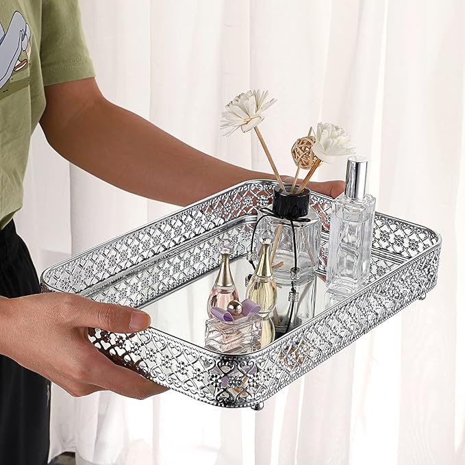 ELLDOO Silver Mirror Glass Perfume & Makeup Vanity Tray, Medium Size | Hollow-Carved Jewelry Storage, Metal Trinket Organizer for Dresser Bathroom Countertop Home Decor