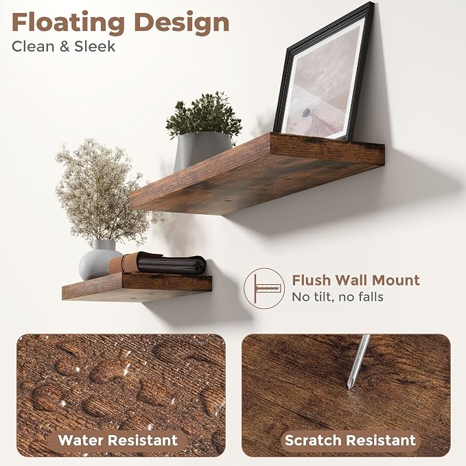 24 Inch Floating Shelves for Wall 2 Pack, 8"D Wood Grain Bathroom Shelves | Invisible Brackets, Rustic Brown Finish, Easy Install | Engineered Wood Storage Shelves for Kitchen, Living Room